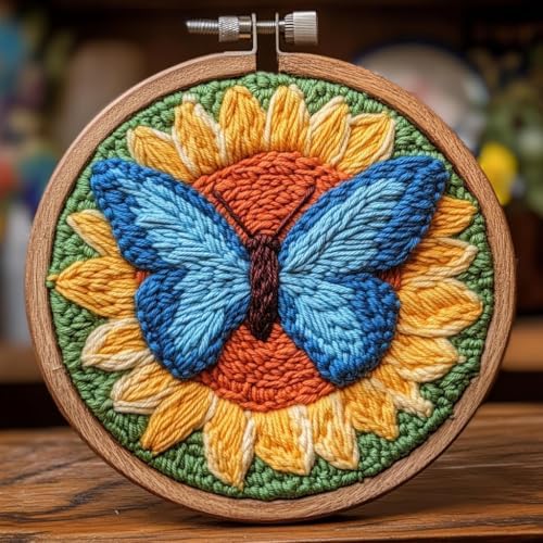 RUIQLXHANG Punch Needle Kits for Beginners, Cute Cartoon Highland Cow with Daisy Flower, Punch Needle Starter Craft Set with 20cm Hoop, Perfect for Festival Gift and Decoration (Butterfly) by RUIQLXHANG
