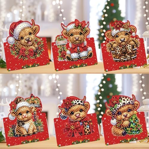 jinglinhh 6pcs Diamond Art Painting Christmas Cow Yak Greeting Cards with Envelopes, DIY Card Making Kits for Adults, Diamond Art Christmas Cards for Birthday Holiday Postcards - Image 6