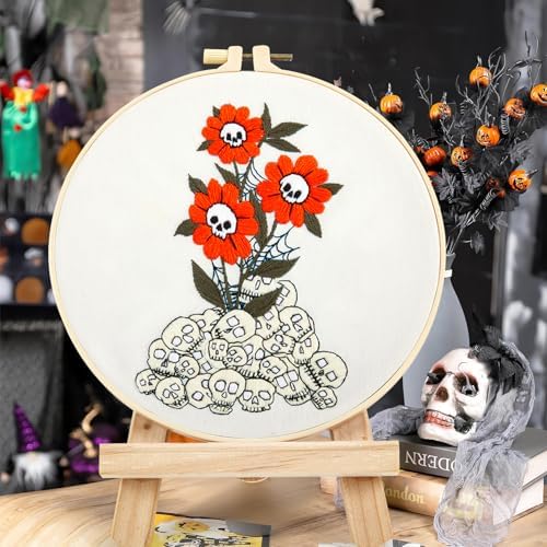 Crafmanoe Halloween Embroidery Starter Kit for Beginners Adults, Skull Flowers Stamped Cross Stitch Kits for Beginners Adults, Gothic Hand Embroidery Needlepoint Kits, Hoops, Fabric and Video Tutorial - Image 4