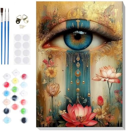 Bowetile Framed Paint by Numbers Eye Kit for Adults Beginners, Adults' Paint-by-Number Kits on Canvas, Painting by Numbers Lotus, Acrylic Vintage Number Painting for Home Wall Decor, 8x12in by BOWETILE