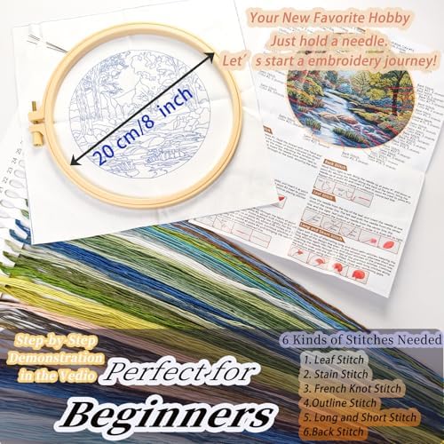 FONNUY Embroidery Kit for Beginners, Boho Nature Landscape Pre-Stamped Pattern Kits for Adults with Hoop, Easy to Follow Color Thread Needlework, 8'' Hoop (Verdant Riverside) - Image 5