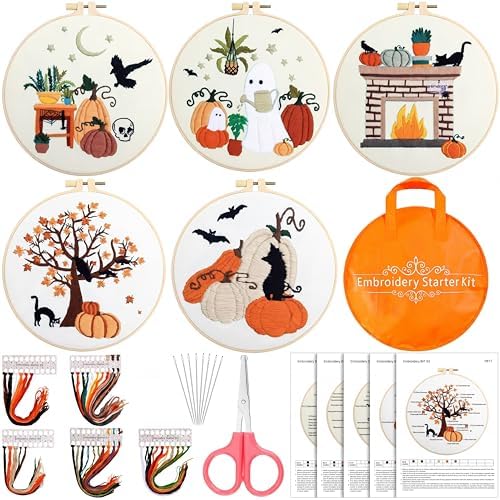 Yuxung 5 Sets Fall Embroidery Kit Halloween Embroidery Cross Stitch Kit by Yuxung
