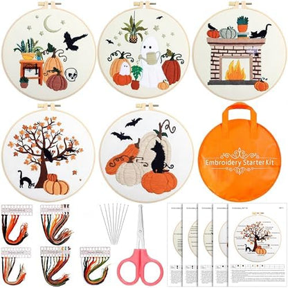 Yuxung 5 Sets Fall Embroidery Kit Halloween Embroidery Cross Stitch Kit by Yuxung