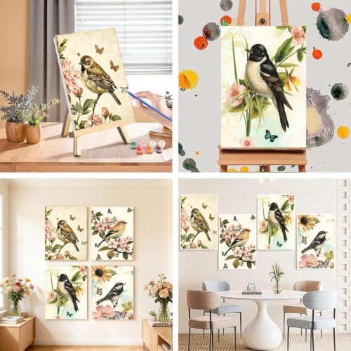 LWZAYS 4 Pack Bird Paint by Numbers Kit for Adults with Frame, Vintage Paint by Number for Adults Beginner with Wooden Easel, DIY Painting by Numbers Canvas Framed for Home Decor 8 x 12 Inch - Image 3