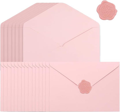 20 Pack Pink Envelopes 5x7 for Invitation, A7 Invitation Envelope with Wax Seal Sticker for Birthday, Weddings, Graduations, Greeting Cards, Baby Shower Invite