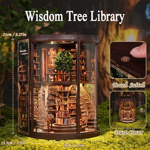 Wisdom Tree Library Book Nook Kit, DIY 3D Wooden Puzzle with Rotating Staircase, LED Light & Dust Cover, Premium Solid Wood Bookend, Vintage Decor, Creative Gift for Adults & Book Lovers - Image 3