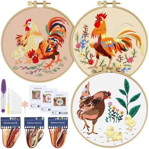 ERKOON 3 Sets Embroidery Kit, Floral Cross Stitch Set for Include Embroidery Cloth Hoops Threads for Craft Lover Hand Stitch (Rooster) by ERKOON