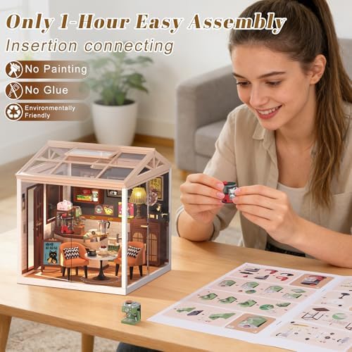DIY Retro Coffee Shop Miniature House Kit, 115 Pieces Mini Dollhouse with Furniture & LED Light with Roof & Dust Covers Tiny House Toy for Adults - Image 6