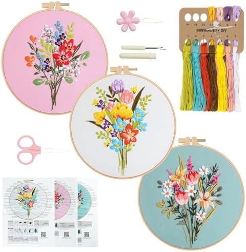 RidaaFri 3 Pack Embroidery Kit for Beginners, Flower DIY Adults Starter Kit by RidaaFri