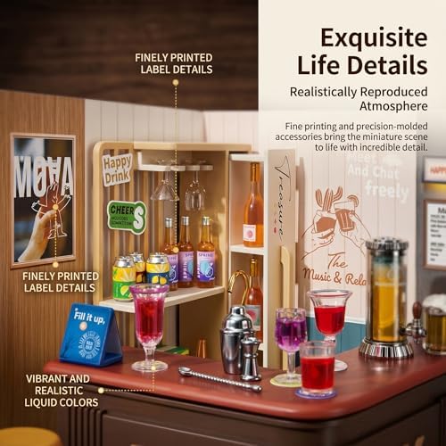 Relax Bar Miniature House Kit, Plastic DIY Dollhouse with Bar Counter & High Chairs, Stackable Transparent Dust Cover, Creative Desktop Decor for Adults Teens - Image 3