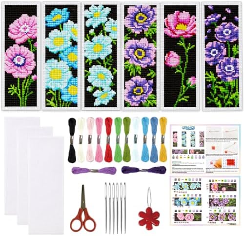 ORIGACH 6 Set Anemone Flower Cross Stitch Bookmark Kit for Beginner by ORIGACH