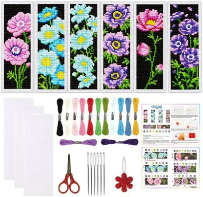 ORIGACH 6 Set Anemone Flower Cross Stitch Bookmark Kit for Beginner by ORIGACH