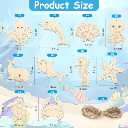 80PCS Wooden Sea Ornaments to Paint, 10 Styles DIY Blank Unfinished Wood Ocean Whale Seahorse Octopus Starfish Dolphin Turtle Shark Crab Cutouts Ornament for Crafts Hanging Decorations Summer - Image 7