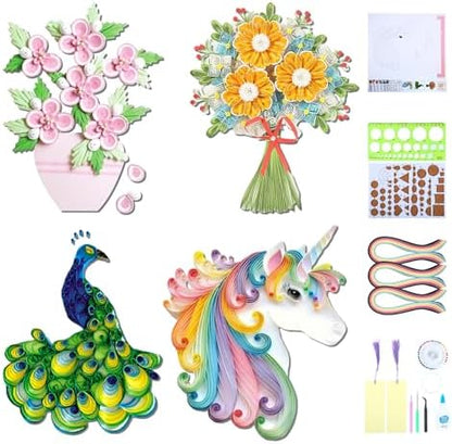 Ohmique Paper Quilling Kit - Paper Quilling Kit for Beginner Adults,DIY Set with Quilling Paper Strips 5mm, Filigree Paper Tools, 4 Patterns Flowers,Peacock,Unicon DIY Craft by Ohmique