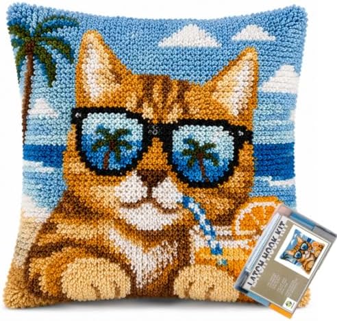 Sunglasses Cat Latch Hook Kits for Adults Beginners, Pre-Printed 17“ X 17" by EMISTEM