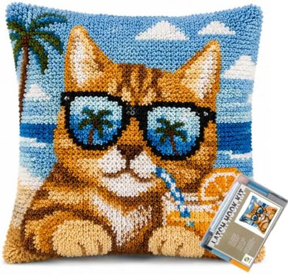 Sunglasses Cat Latch Hook Kits for Adults Beginners, Pre-Printed 17“ X 17" by EMISTEM