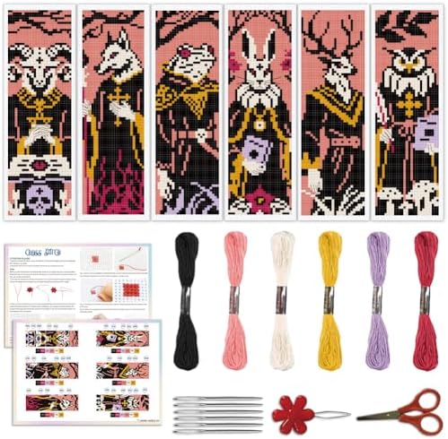 ACRNIGHEET 6PCS Cross Stitch Bookmark Kit for Beginner Stamped Cross Stitch Kits for Adults Gothic Animals DIY Embroidery Bookmark Kits Needlepoint Kit with Instructions Hand Craft Gift 8.5''x3'' 11CT by ACRNIGHEET