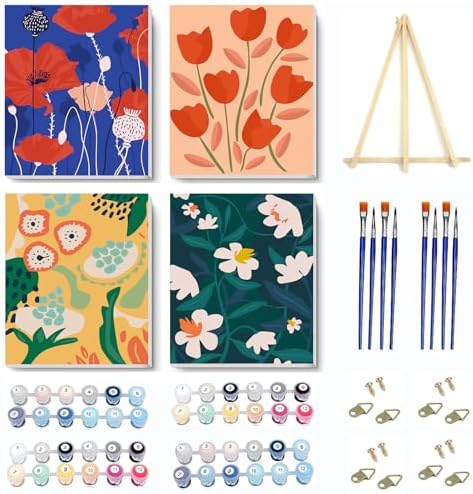 4 Pack Paint by Numbers Kit for Adults Framed Canvas with Wooden Easel by VIGEGU