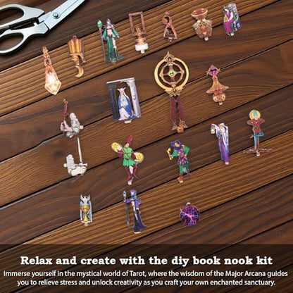 Book Nook Kit - DIY Miniature Dollhouse with LED Lights for Adults & Teens, Fantasy Tarot-Themed 3D Wooden Bookshelf Decor, for Craft Lovers - Image 4