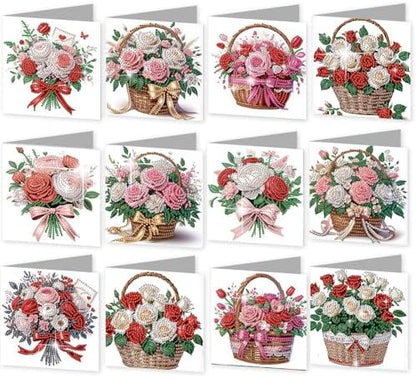 12 Pack Diamond Painting Greeting Cards Kit with Envelopes, 5D DIY Rose Bouquet Flower Basket Diamond Art Cards, Mothers Day Birthday Thank You Cards for Women Her Adults by POETRYDRAW
