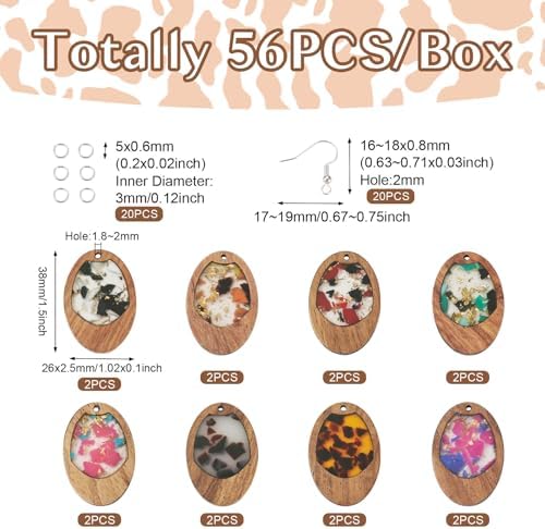 Boutigem 56Pcs Resin Wood Pendant Earring Set with Oval Walnut Wood Statement Charms Earring Hooks Jump Rings for Earring Necklace Jewelry Making - Image 2