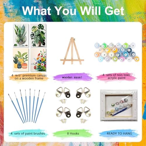 4 Pack Plant Paint by Numbers for Adults with Framed Canvas - Wooden Easel - Image 4