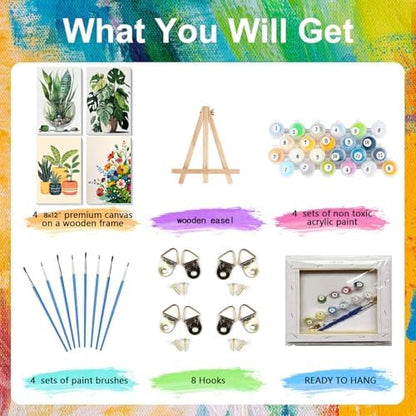 4 Pack Plant Paint by Numbers for Adults with Framed Canvas - Wooden Easel - Image 4