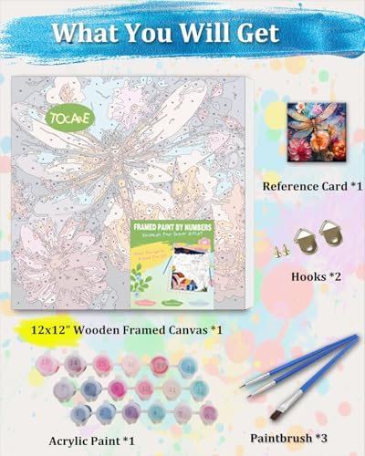 TOCARE Framed Paint by Numbers Kit for Adults Beginners,12x12inch Dragonfly Paint by Number with Frame,Flowers Paint by Numbers Framed Canvas(Without Easel) - Image 3