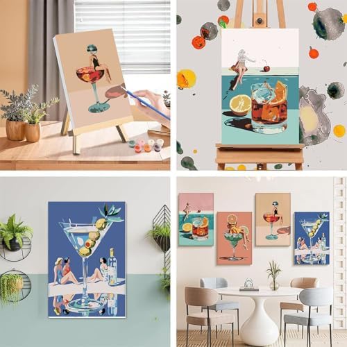 4 Pcs Cocktail Paint by Numbers for Adults with Frame Canvas - Wooden Easel - Image 5