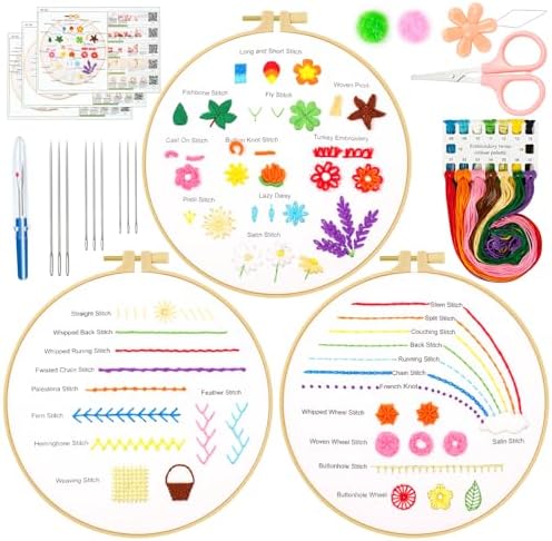Ponpon 3 Sets Embroidery Kit for Beginners, Embroidery Kit for Adults with Follow Instruction, Cross Stitch Kits with Wooden Embroidery Hoops (Stlye F) by Ponpon