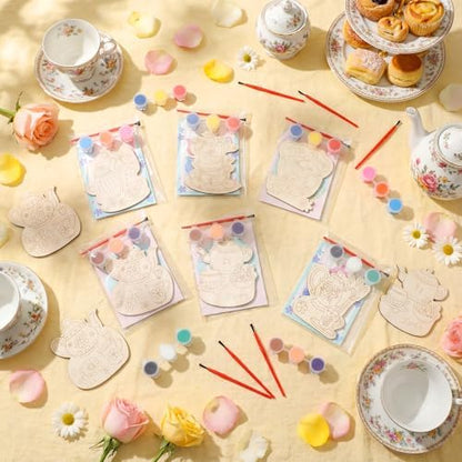 Chunful 24 Set Tea Time Party Favors Wooden Tea Painting Crafts Kits - Image 4