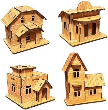 4-in-1 Log Cabin Mini House 3D Wooden Puzzle Building Kit Set by Unknown