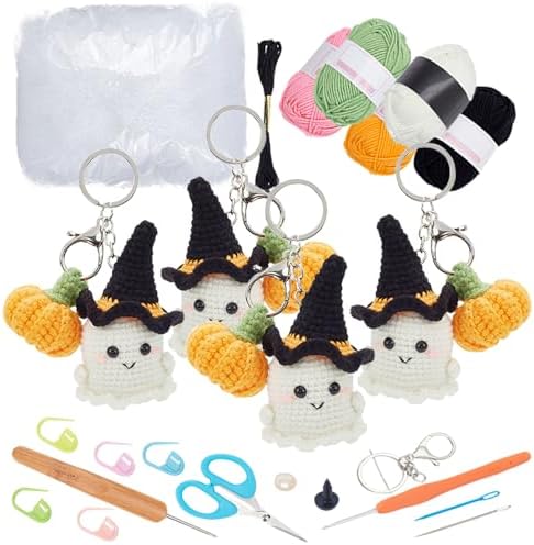 ORIGACH 4 Pcs Halloween Ghost and Mini Pumpkin Crochet Kit for Beginners, DIY Crochet Kit for Adults, Complete Crochet Keychain Set with Step by Step Video Tutorial for Halloween Parties Gatherings by ORIGACH
