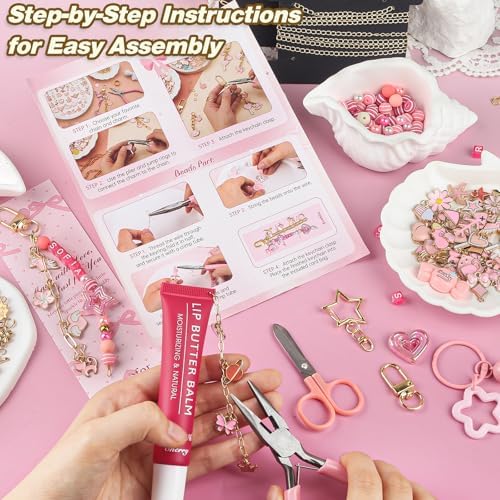 Ecoofor 707 Pcs Lip Gloss Beaded Keychain Making Kits, Pink DIY Bag Charm Kit, 78.8 Inch Chains, Key Chain Hooks, Jump Rings, Lobster Clasps, 452 Charms & Letter Beads, Tools & Gift Bags - Image 6