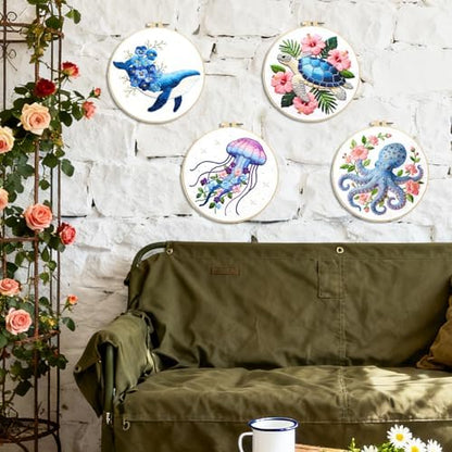 BEUNITONE 4 Pack Beginner Embroidery Kit for Adults, Marine Animals Flowers Pre-Stamped Pattern Needlepoint Kits with Hoops & Instruction, Handmade Embroidery Kits for Fabric and Home Decor 7.9x7.9 - Image 6
