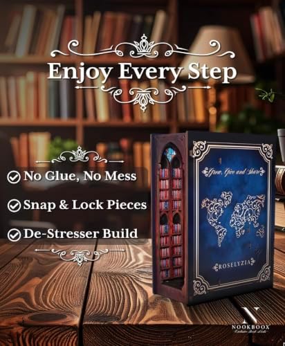 Book Nook Kit – NOOKBOOX by ROSELYZIA – DIY Miniature Dollhouse 3D Wooden Puzzle with LED Light – Bookshelf Decor Gift for Adults & Teens – Navy Blue - Image 2