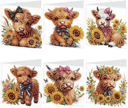 Tontut 6pcs 5D Diamond Art Painting Greeting Card Kit, Sunflower Yellow Cow Adult DIY with Envelope, Special Shape Diamond Design Greeting Card Creative Gift by Tontut