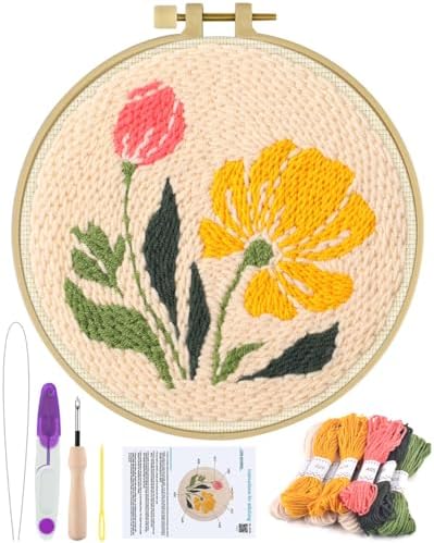 ERKOON Punch Needle Kit Adults Beginners, DIY Easy Floral Embroidery Set for Starter Art Craft, Needling Punch Project with Patterns, Tools, Yarns, Hoop, Instruction (Rhubarb Flowers) by ERKOON