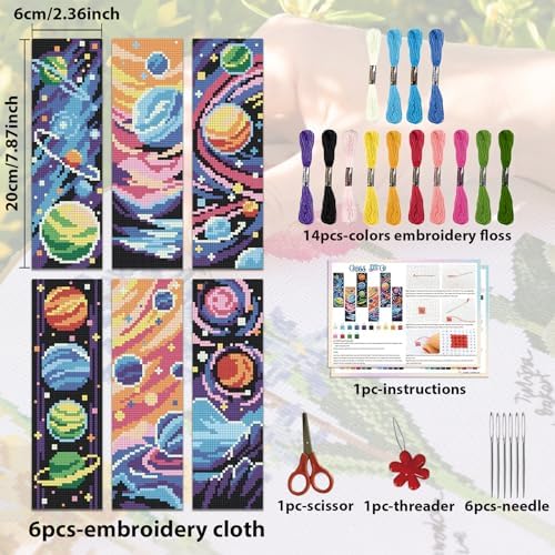 ACRNIGHEET 6PCS Stamped Cross Stitch Bookmark Kit for Beginners Planet - Image 2