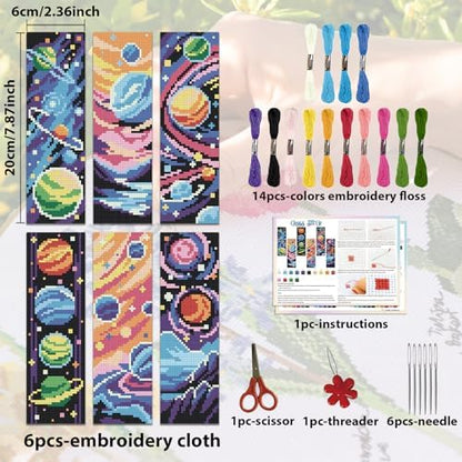 ACRNIGHEET 6PCS Stamped Cross Stitch Bookmark Kit for Beginners Planet - Image 2