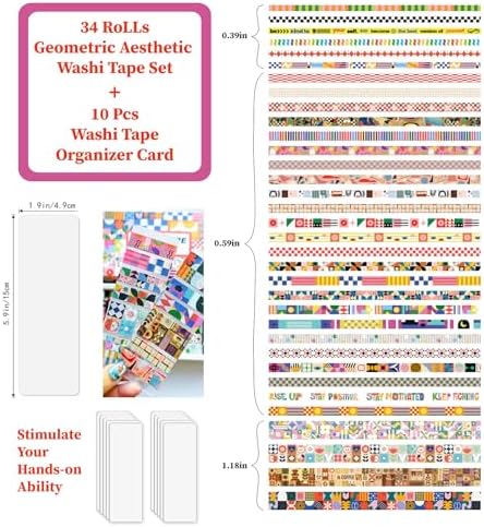 34 Rolls Geometric Washi Tape Set, Aesthetic Decorative Tape for Scrapbooking, Journaling, Bullet Journals, DIY Crafts and Gift Wrapping - Image 3