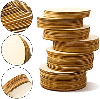 FSWCCK 100 PCS 4 Inch Wood Circles for Crafts – Round Blank Discs with Holes, Unfinished Wooden Cutouts for DIY, Painting, Staining, Coasters,Laser Engraving Sign Blanks, Ornament (4inch-100 Pack) - Image 3