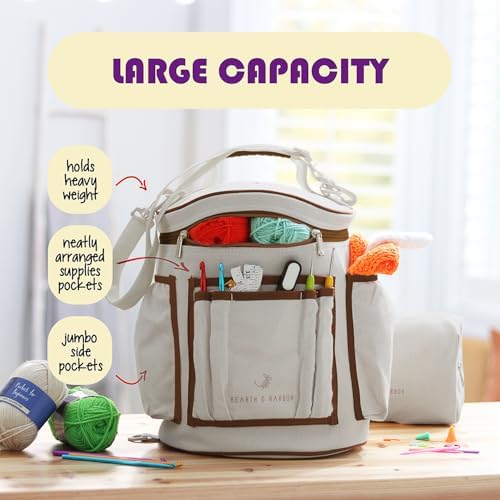 Hearth & Harbor Crochet Bag Organizer – Durable Knitting Bag, Yarn Organizer for Accessories and Supplies, Canvas Yarn Holder, Crochet Carrying Case with Accessories Pouch, Storage Organizer–Warm Gray - Image 2