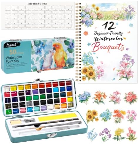Watercolor Workbook, Water Coloring Book, 12 Different Patterns of Original DIY Designs, 50 Colors Watercolor Paint Set with Palette and Brush, Beginner-Friendly Watercolor Workbooks (Bouquets) by Joyask
