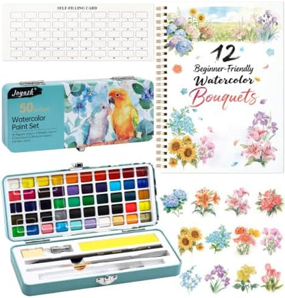 Watercolor Workbook, Water Coloring Book, 12 Different Patterns of Original DIY Designs, 50 Colors Watercolor Paint Set with Palette and Brush, Beginner-Friendly Watercolor Workbooks (Bouquets) by Joyask