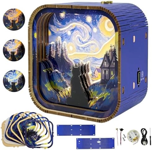3D Wooden Puzzle Night Light DIY LED Art Lamp Kit for Adults Desk Decor Relaxing Craft Project Table Ornament and Unique Gift (Starry Cat) by Unknown