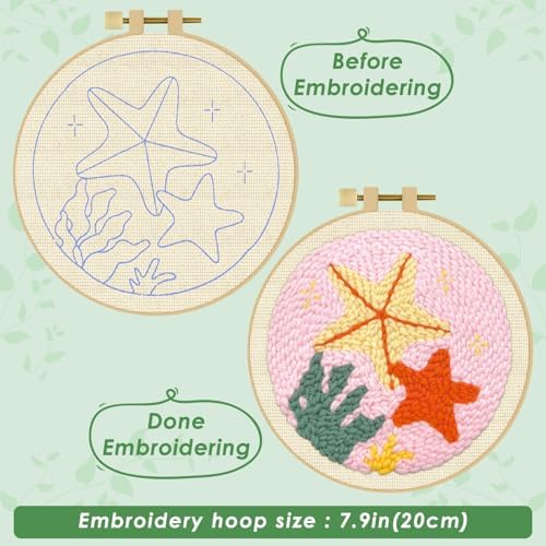ERKOON Punch Needle Kit Adults Beginners, DIY Easy Sea Animals Embroidery Set for Starter Art Craft, Needling Punch Project with Patterns, Tools, Yarns, Hoop, Instruction (Starfish) - Image 3