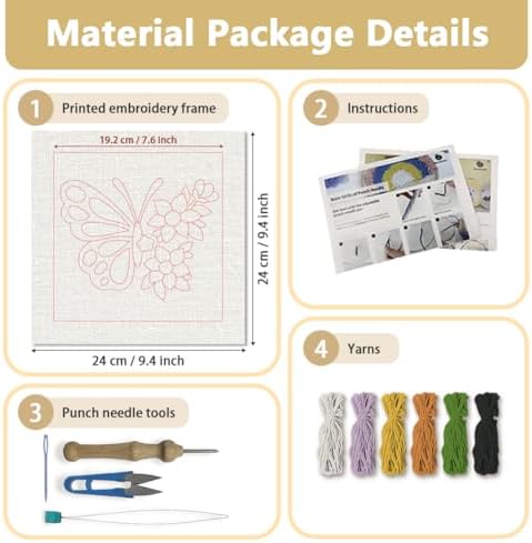 Doodlream Butterflies and Flowers DIY Punch Needle Embroidery Kit for Adult Beginner, 9.4" Punch Stitching Craft Set for Starter with Frame, Fabric Pattern, Threader, Yarn, Pinch Needle - Image 2