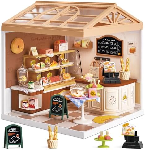 Bread Shop Miniature House Kit with LED Light, 87 Pcs DIY Mini Dollhouse with Roof & Dust Covers for Mini Figures Tiny House Toy for Adults by Loyratche