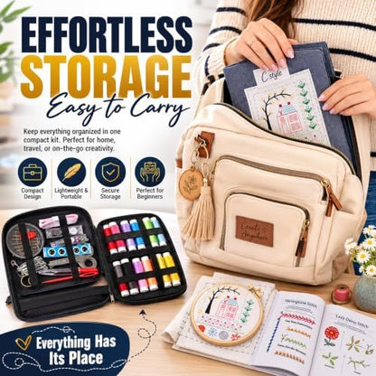 Homentry Embroidery Kit for Beginners | Gift Box with Full Set | Video Tutorial, 3pcs Hoops, 106 Patterns, 65 Water Soluble Designs, 86PCS Sewing Supplies | Starter Cross Stitch Book Kit - Image 7